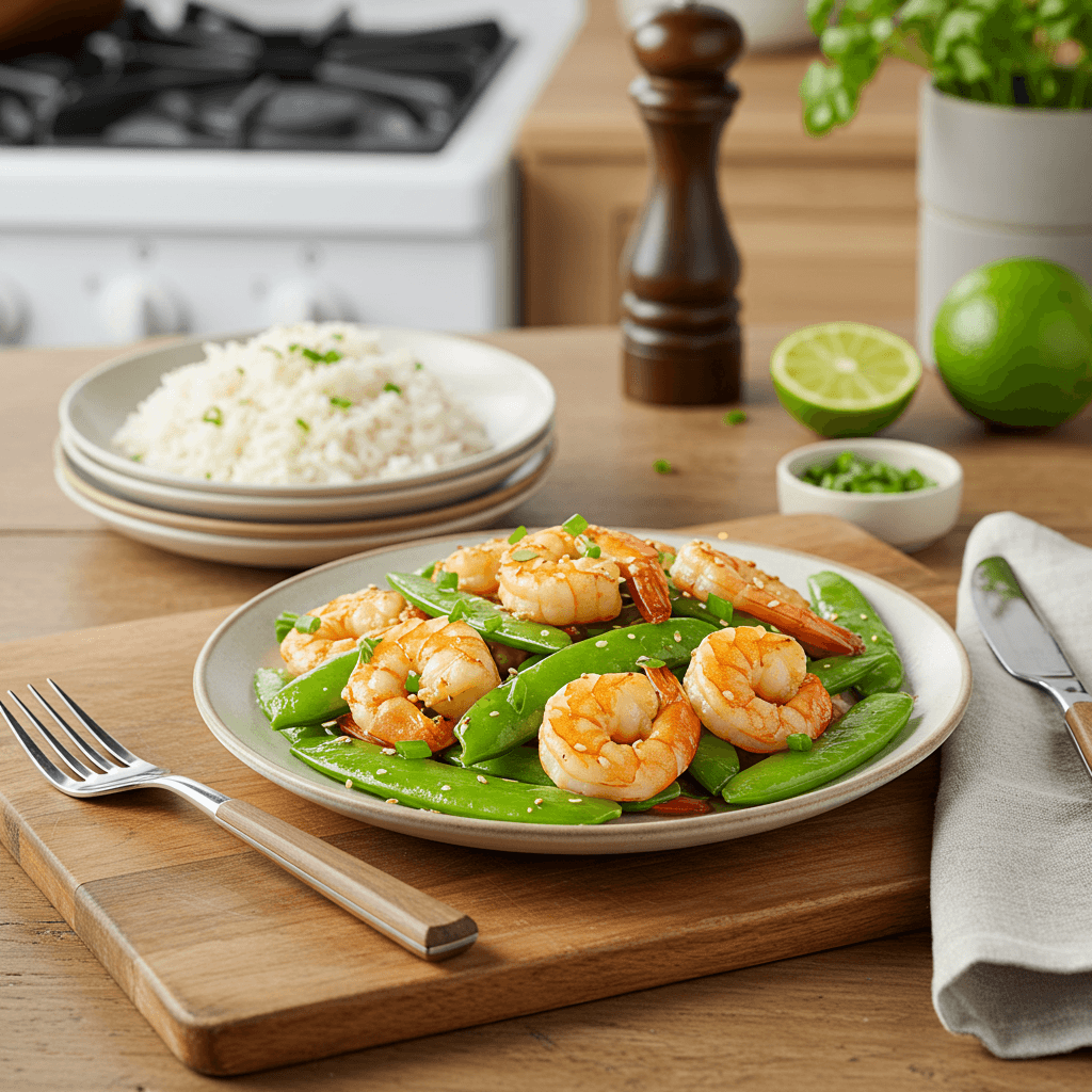 Shrimp & Snow Pea Stir Fry with Garlic-Lime Soy Glaze
