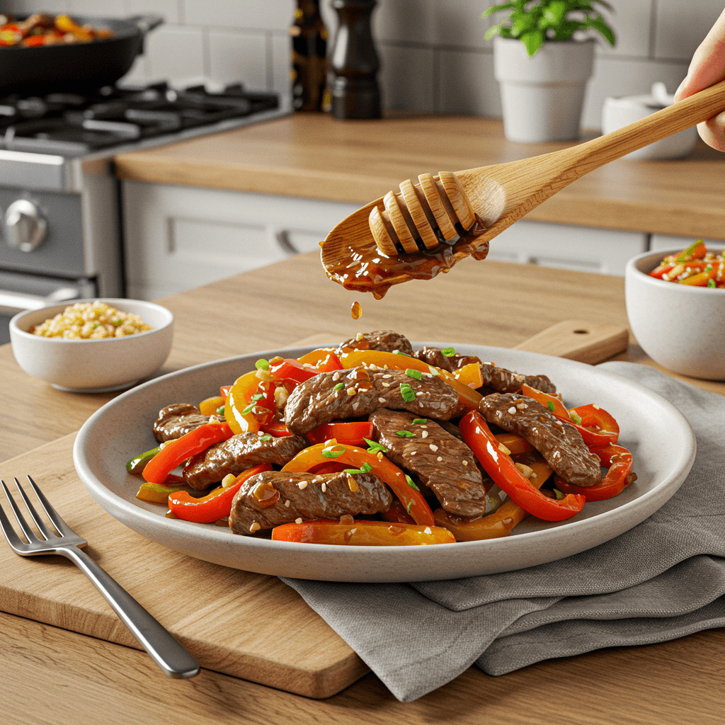 Sizzling Beef Stir Fry with Peppers and Honey Ginger Glaze