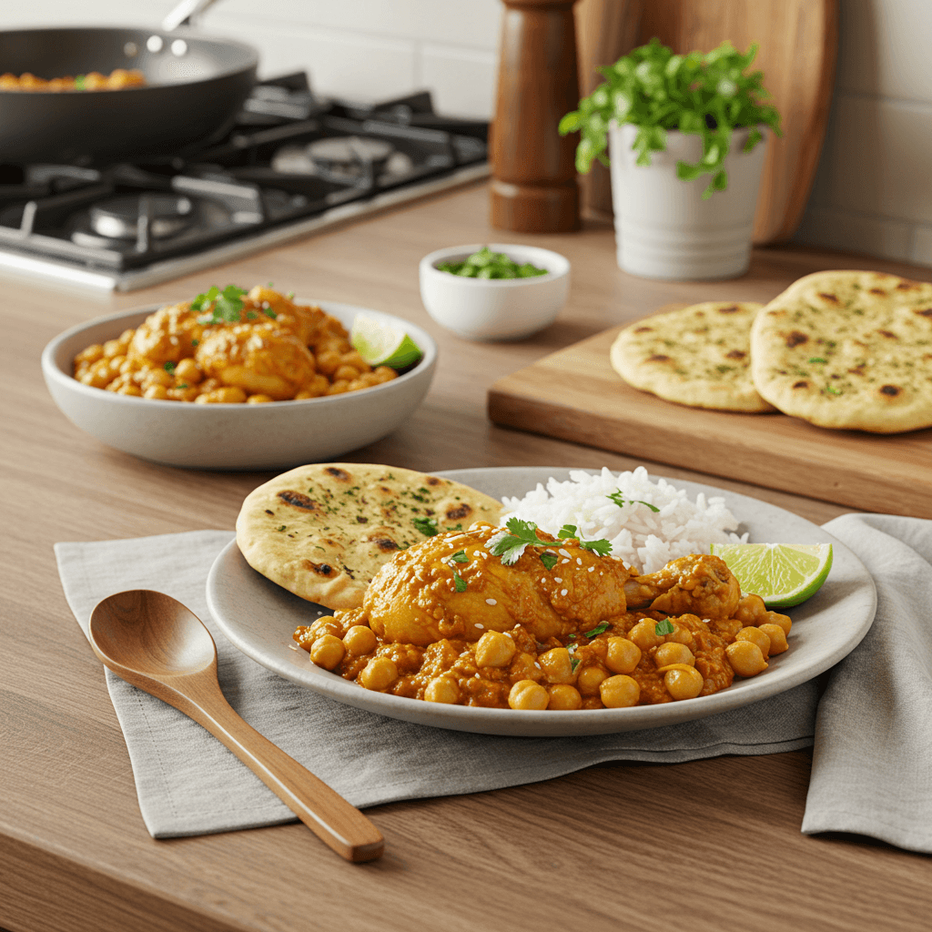 Spiced Coconut Chicken with Chickpeas and Garlic Naan