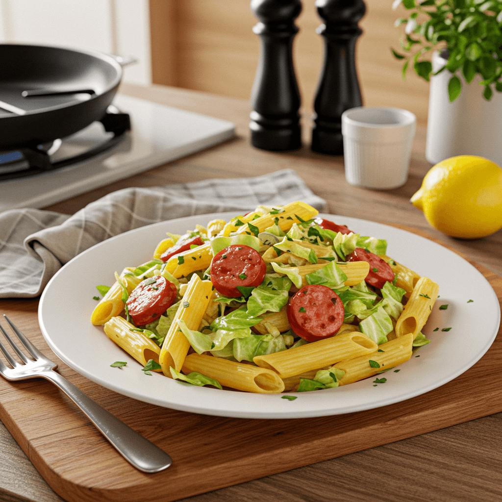 Spicy Sausage and Cabbage Pasta with Lemon Basil Sauce