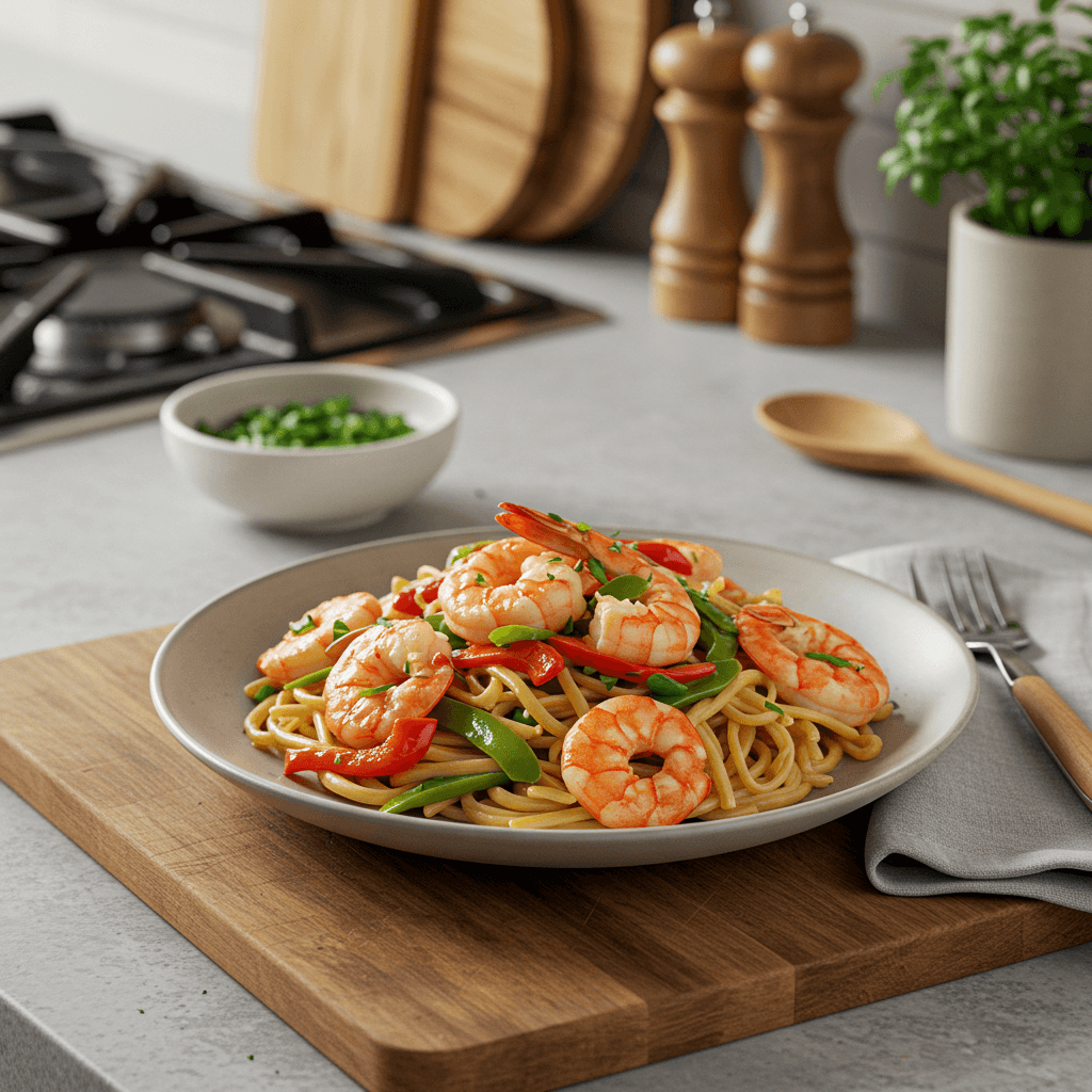 Stir-Fried Surf ‘n’ Turf Pasta Delight