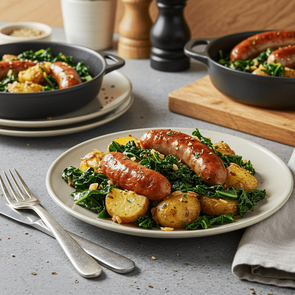 Stove-Top Bratwurst and Kale with Caraway Potatoes