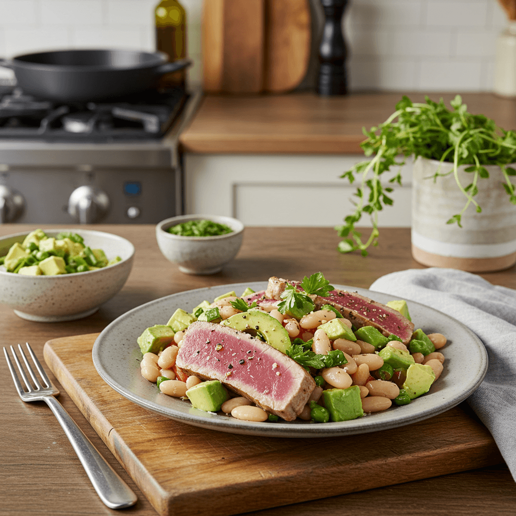 Stove-Top Seared Tuna Medley with Avocado and White Bean Salad