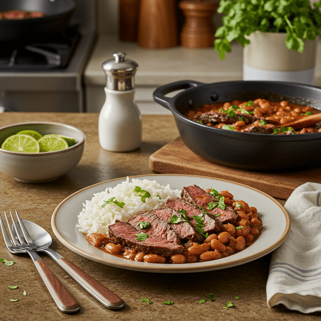Succulent Crock Pot Flank Steak with Pinto Beans and Zesty Tomatillo Sauce