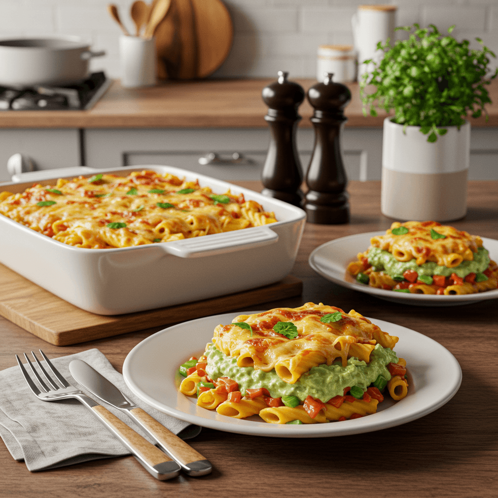 Zesty Ziti Bake with Creamy Avocado Fajita Layer