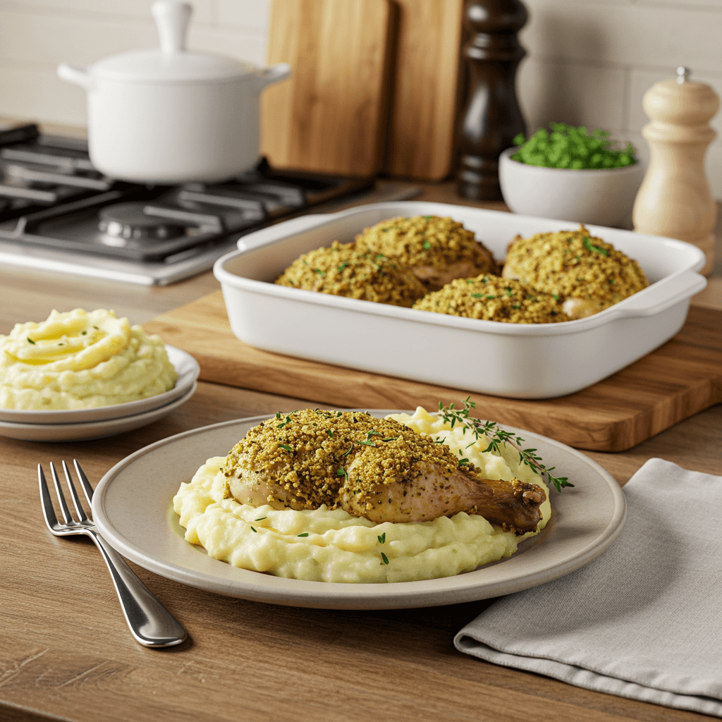 Baked Herb-Crusted Chicken with Garlic Mashed Potatoes