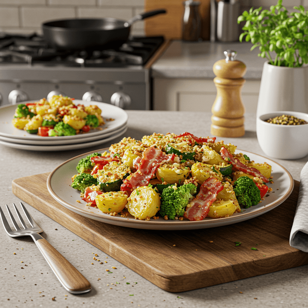 Broiled Bacon and Cheese-Crusted Veggie Medley