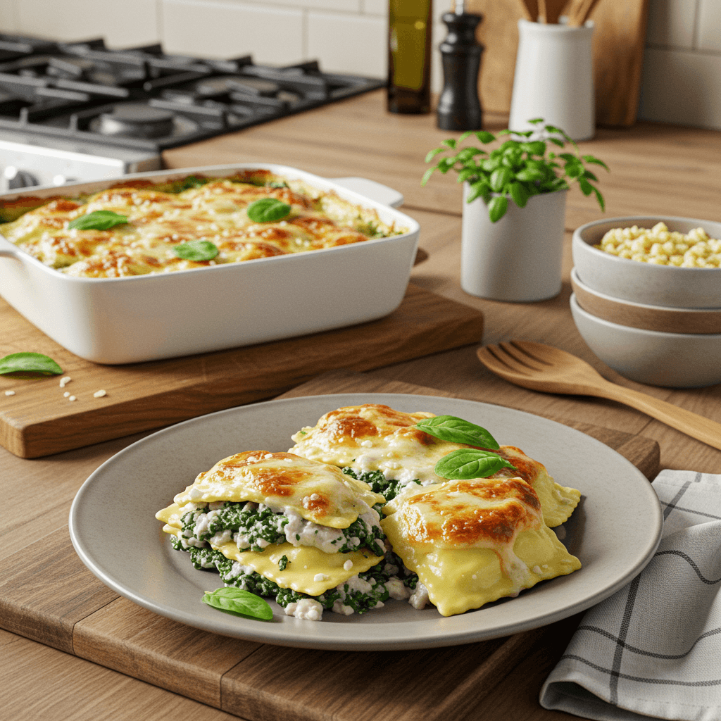 Broiled Spinach and Cheese Ravioli Bake