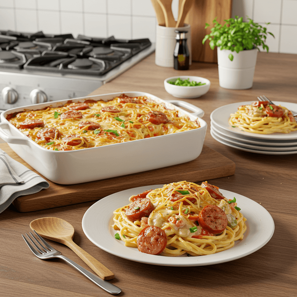 Cajun Andouille Sausage and Creamy Spaghetti Bake