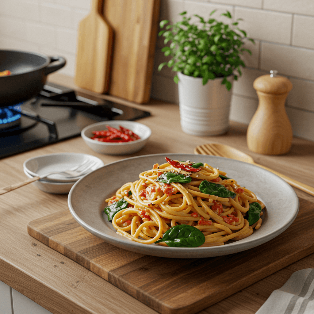Creamy Spicy Pasta with Chili Crisp and Baby Spinach