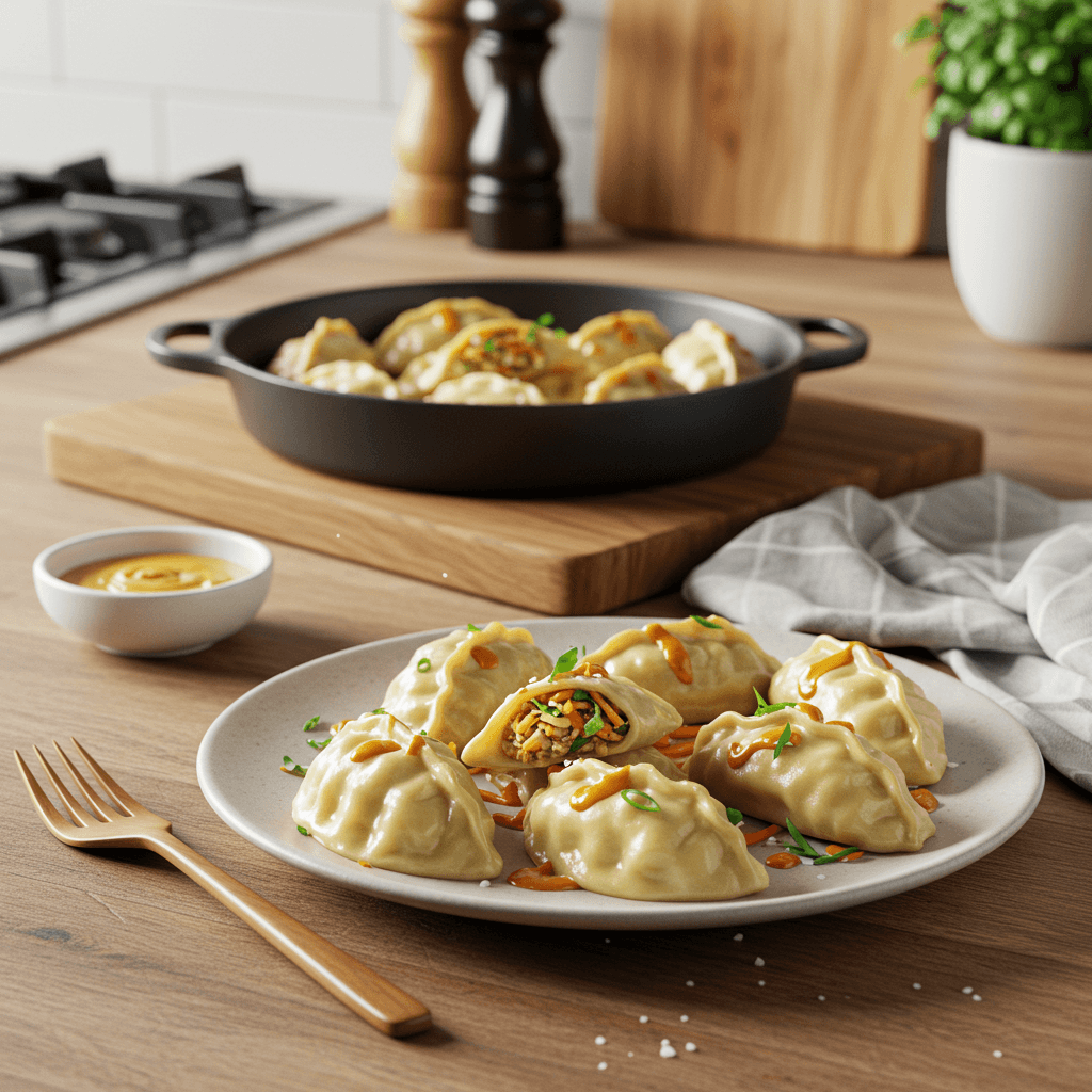 Crispy Oven-Baked Dumplings with Coconut Peanut Sauce