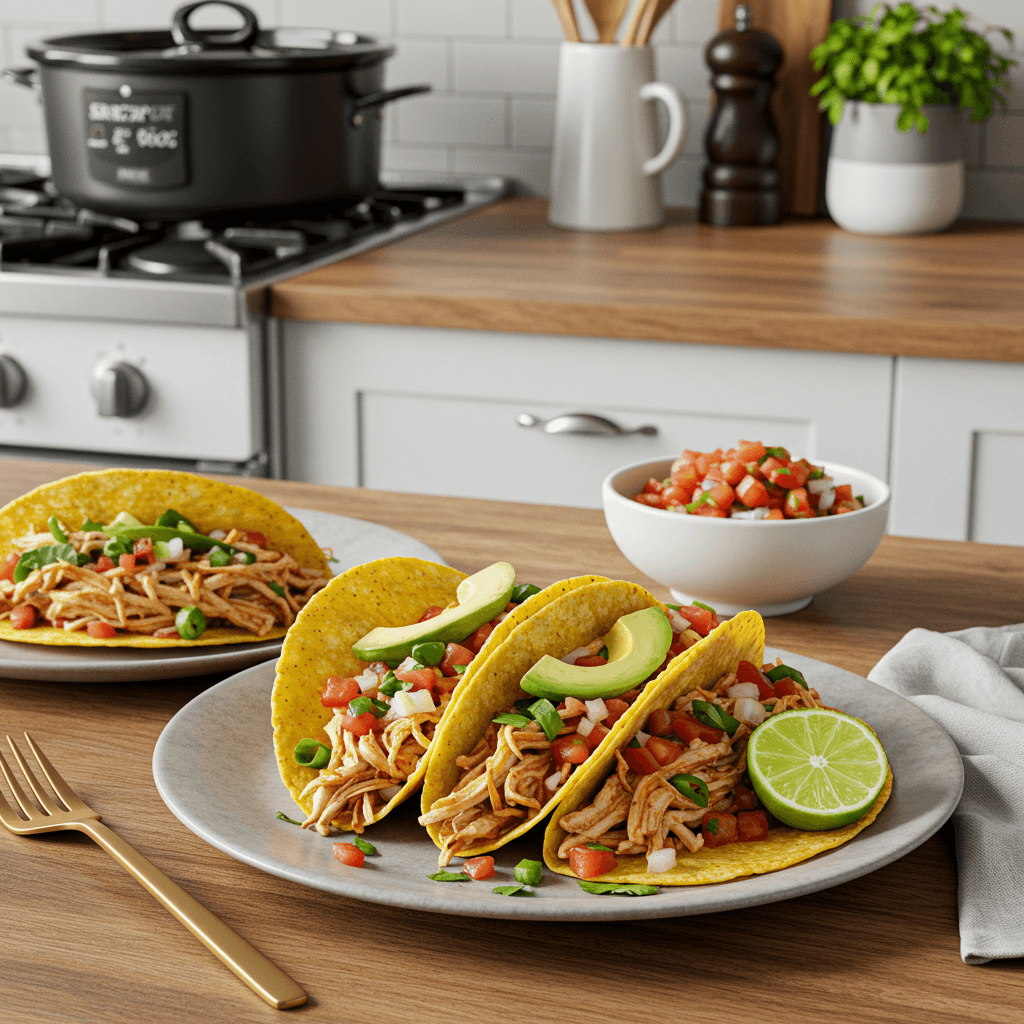 Crock Pot Chicken Tacos with Fresh Avocado and Salsa