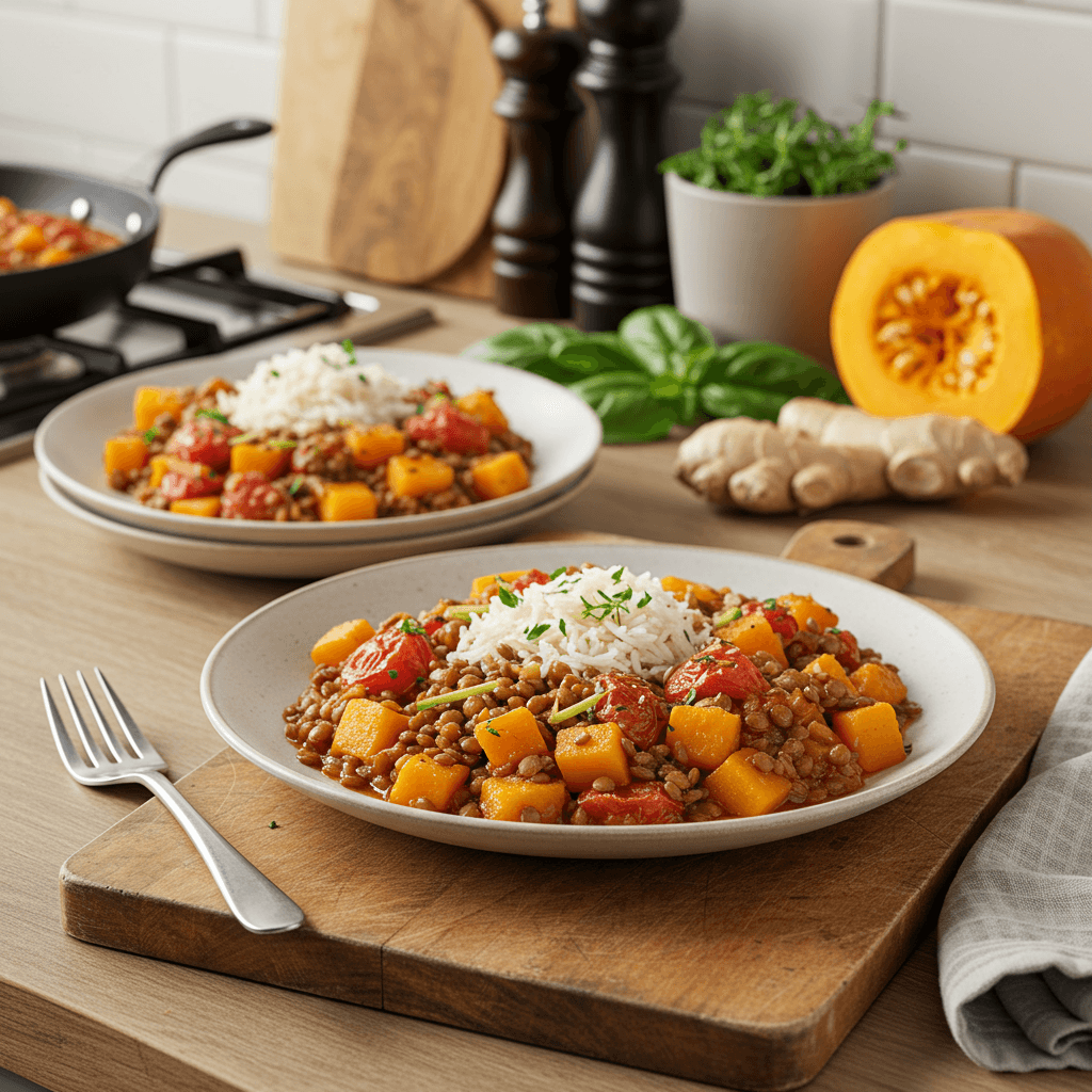 Hearty Lentil and Tomato Stew with Butternut Squash and Ginger