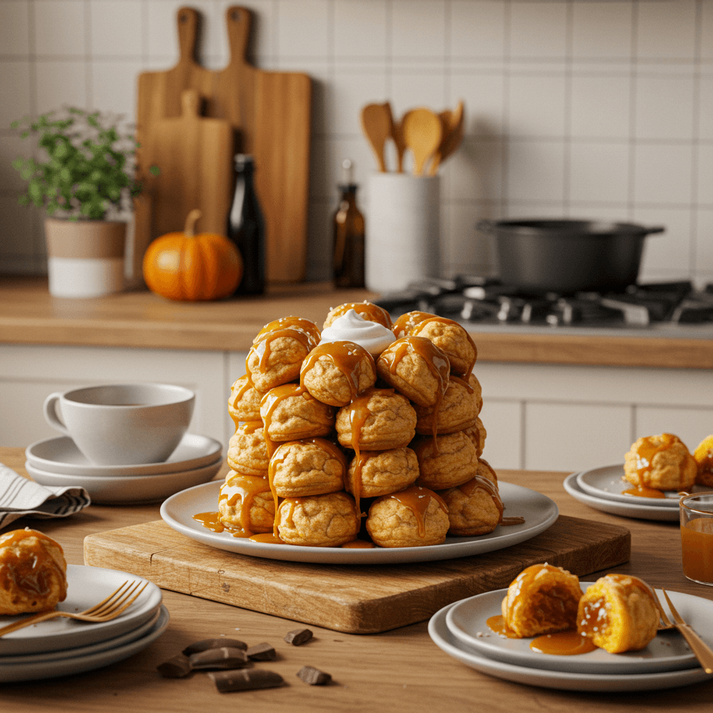 Heavenly Chocolate-Pumpkin Profiterole Tower with Salted Caramel Drizzle