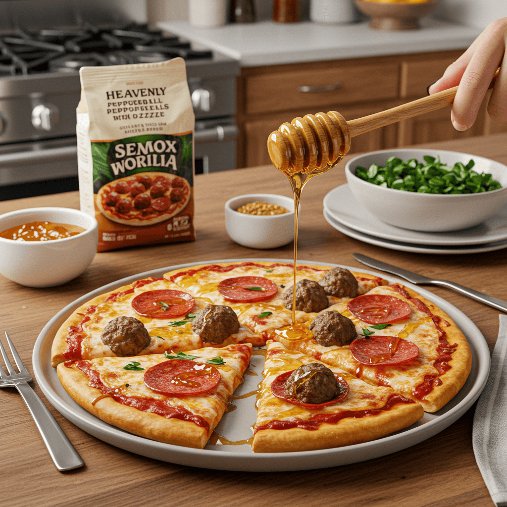 Heavenly Meatball Pepperoni Pizza with Honey Drizzle