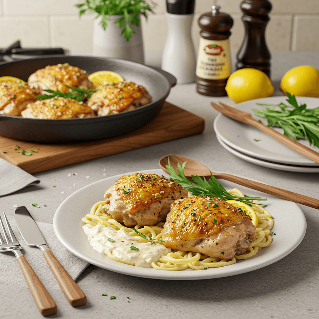 Herb-Infused Lemon Garlic Chicken Thighs with Parmesan Cream Sauce