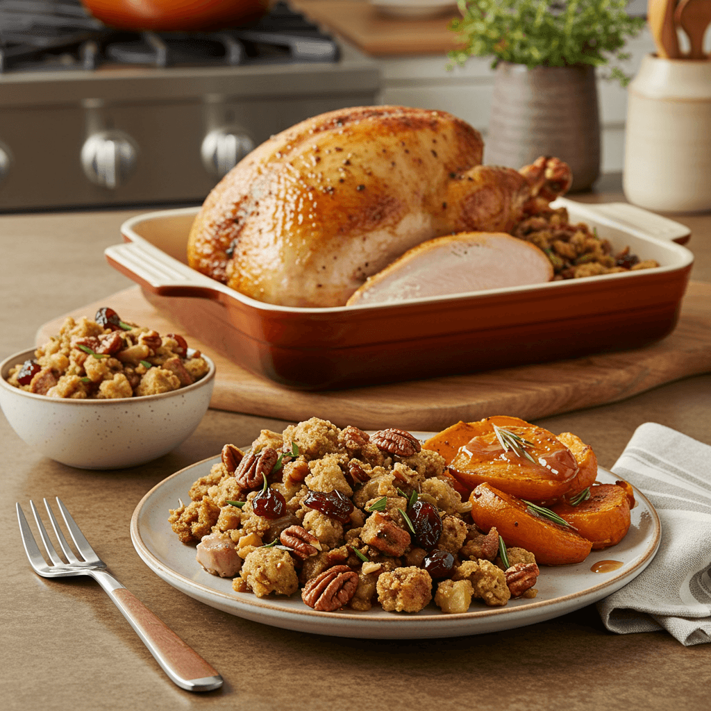Herb-Infused Turkey with Cranberry Pecan Stuffing and Maple Glazed Sweet Potatoes