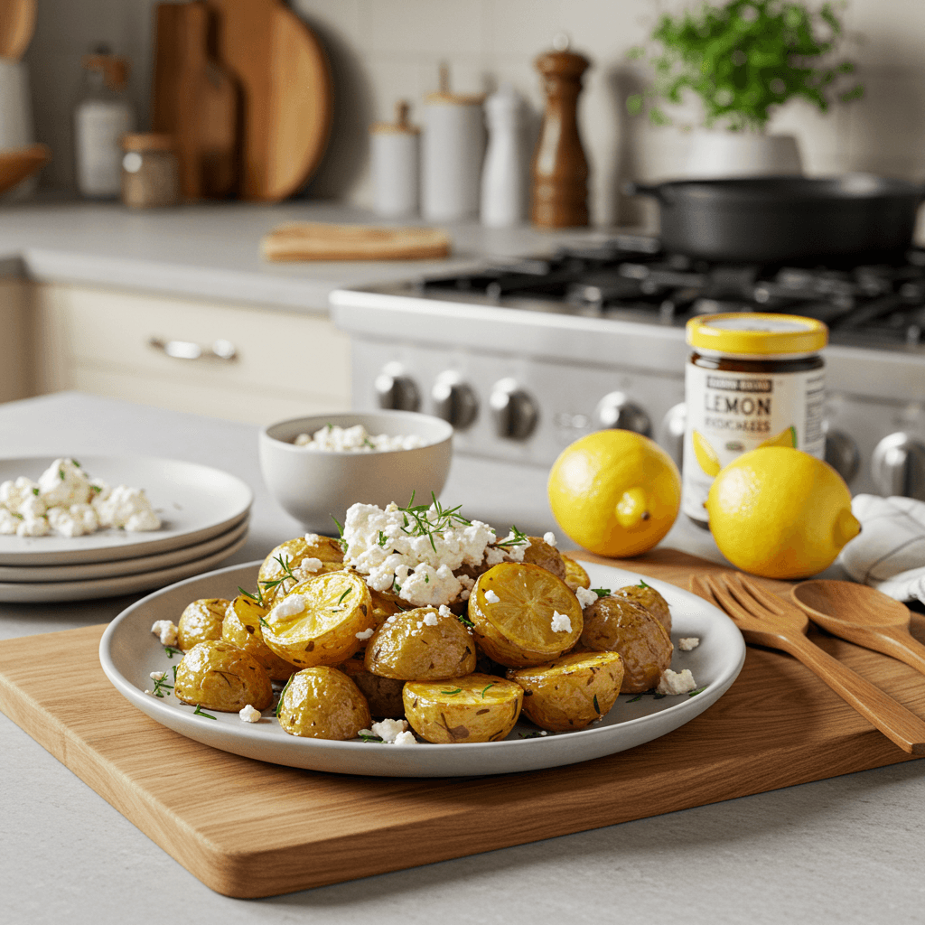 Lemon Herb Roasted Potatoes with Feta & Cream Cheese Drizzle