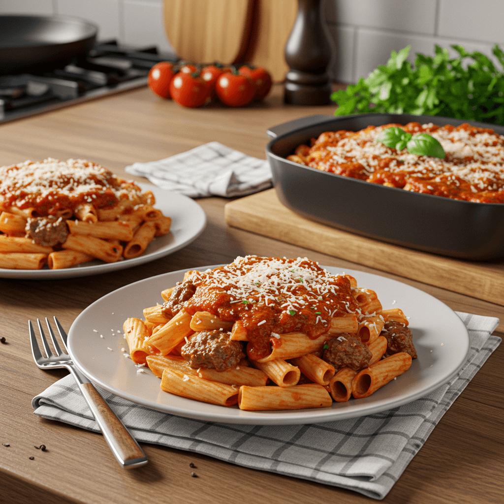 Oven-Baked Chicken and Beef Pasta with Tomato Parmesan