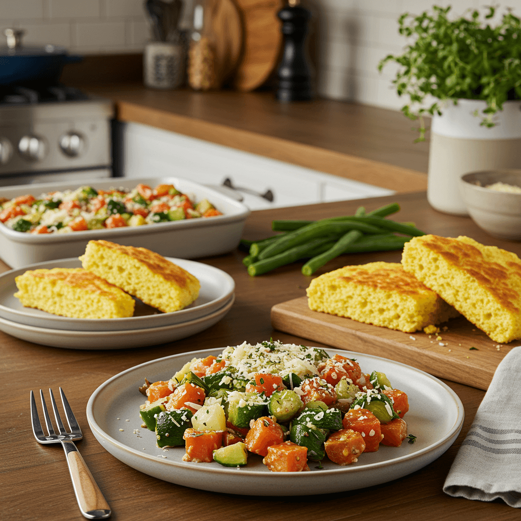 Oven-Baked Parmesan Veggie Medley with Herbed Buttermilk Cornbread