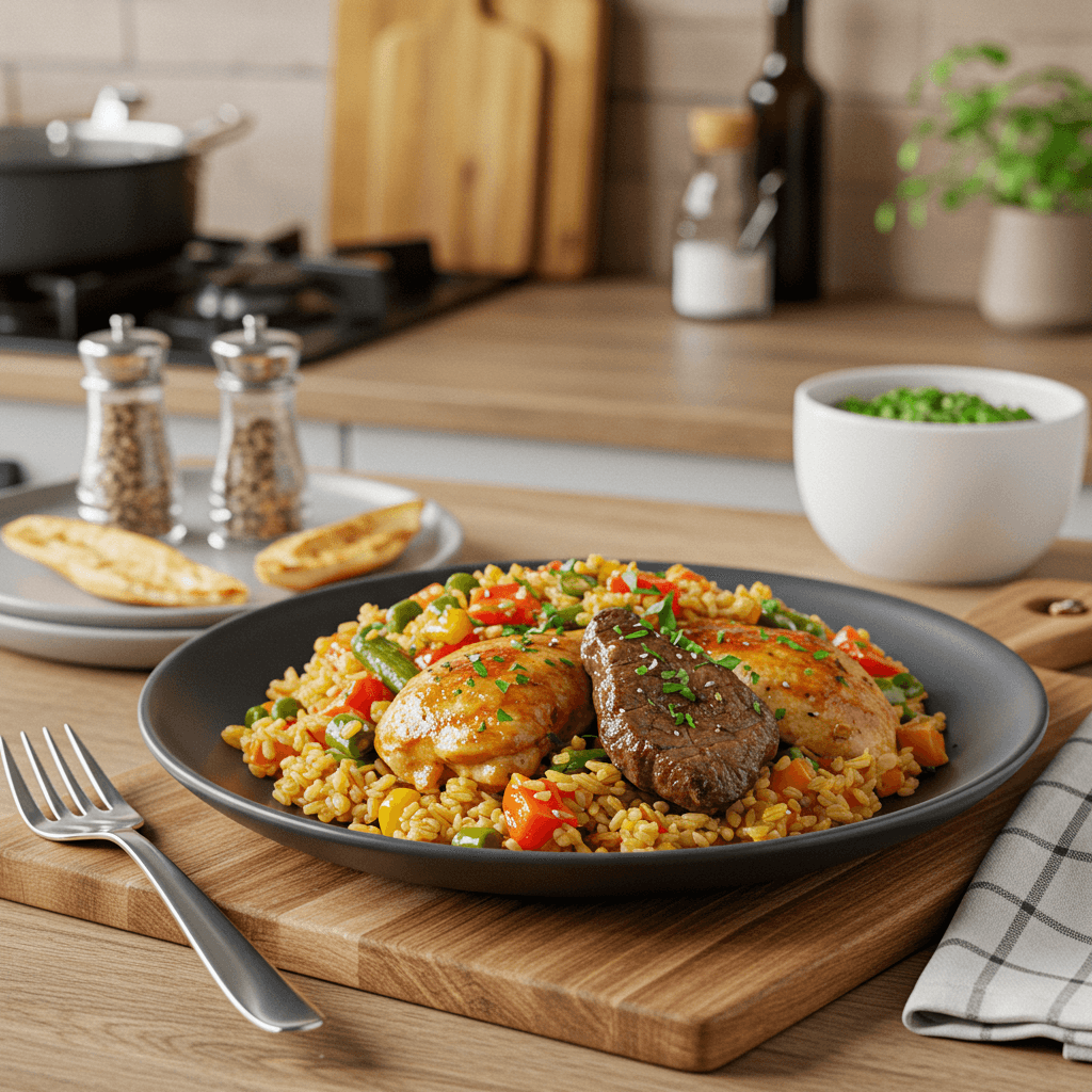 Oven-Baked Poultry and Beef Medley with Rice and Vegetables