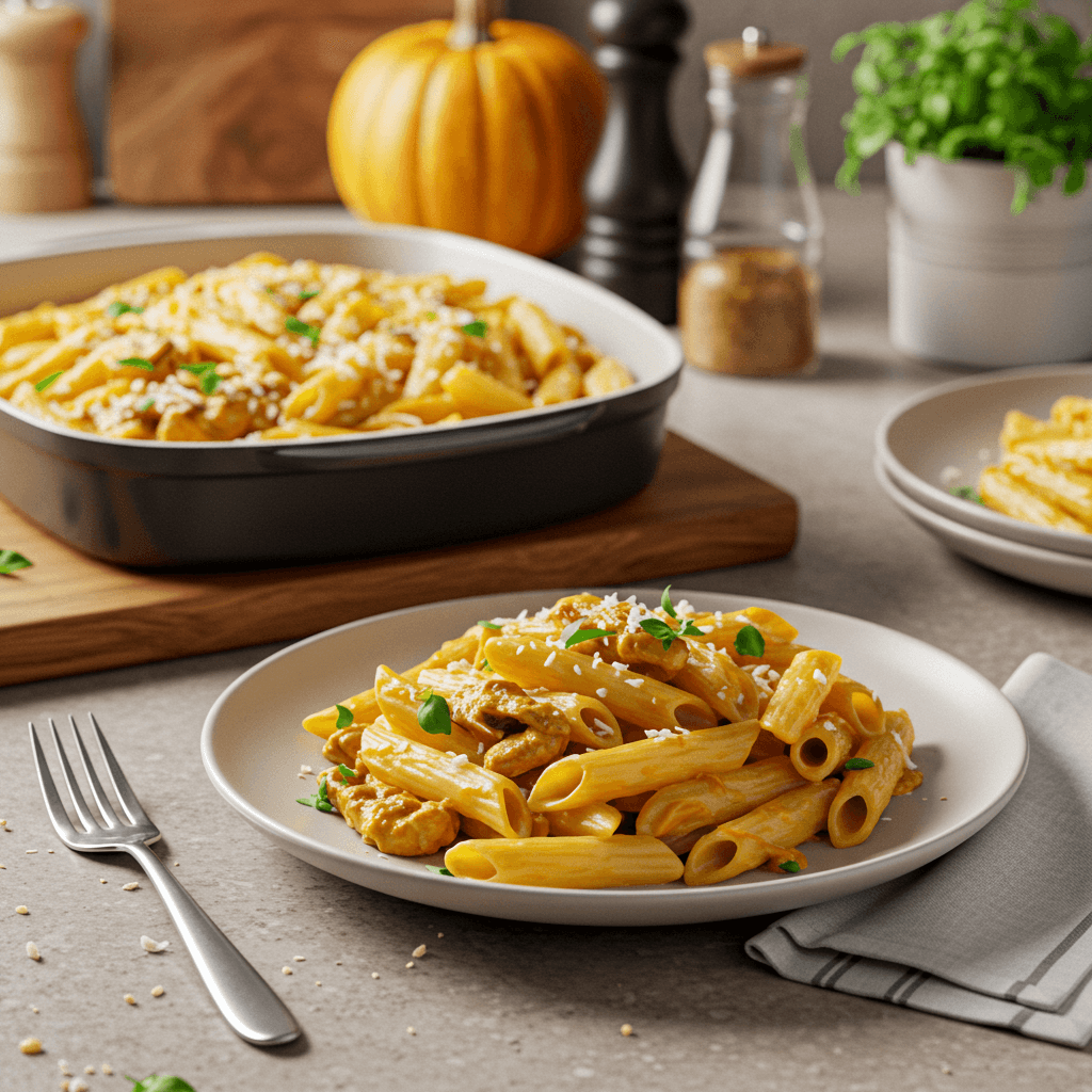 Oven-Baked Pumpkin Rigatoni with Havarti and Rotisserie Chicken