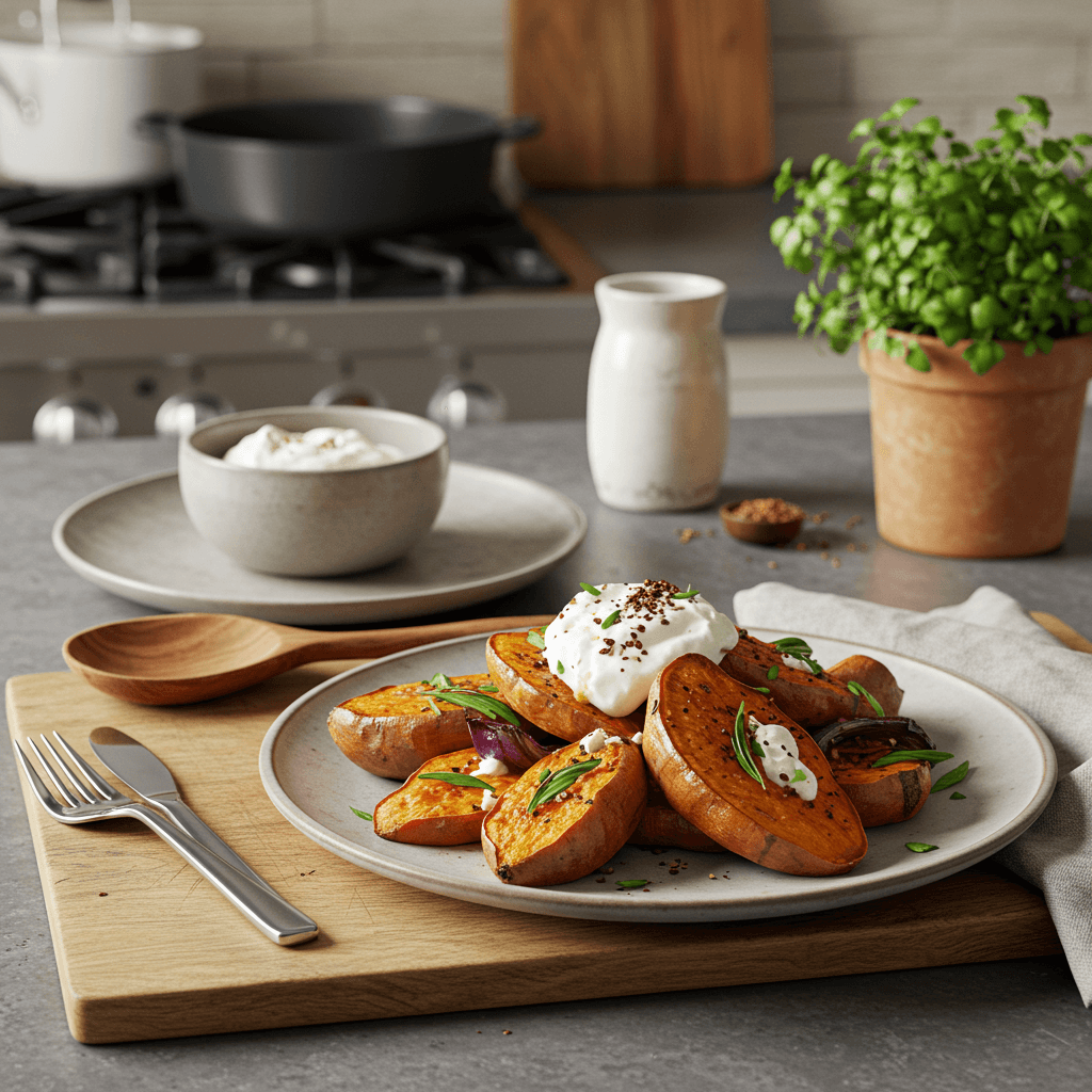 Oven-Roasted Sweet Potatoes with Aleppo Chili and Sour Cream