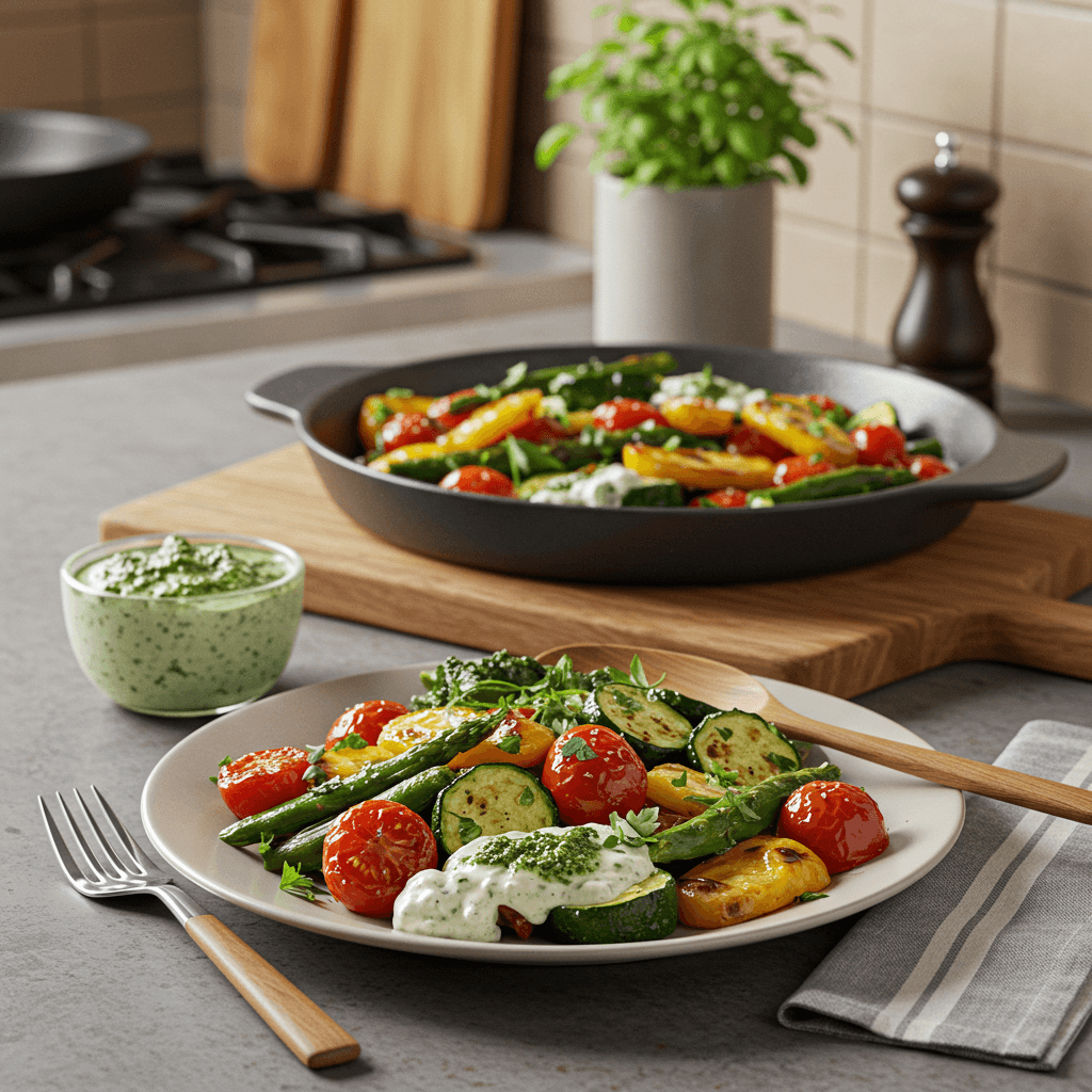Oven-Roasted Vegetable Medley with Pesto Cream Sauce