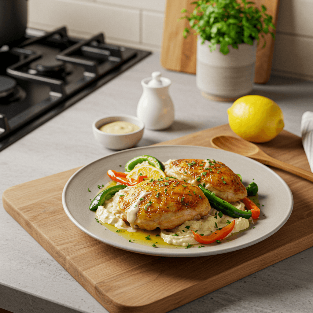 Pan-Fried Lemon Garlic Chicken with Tahini Sauce