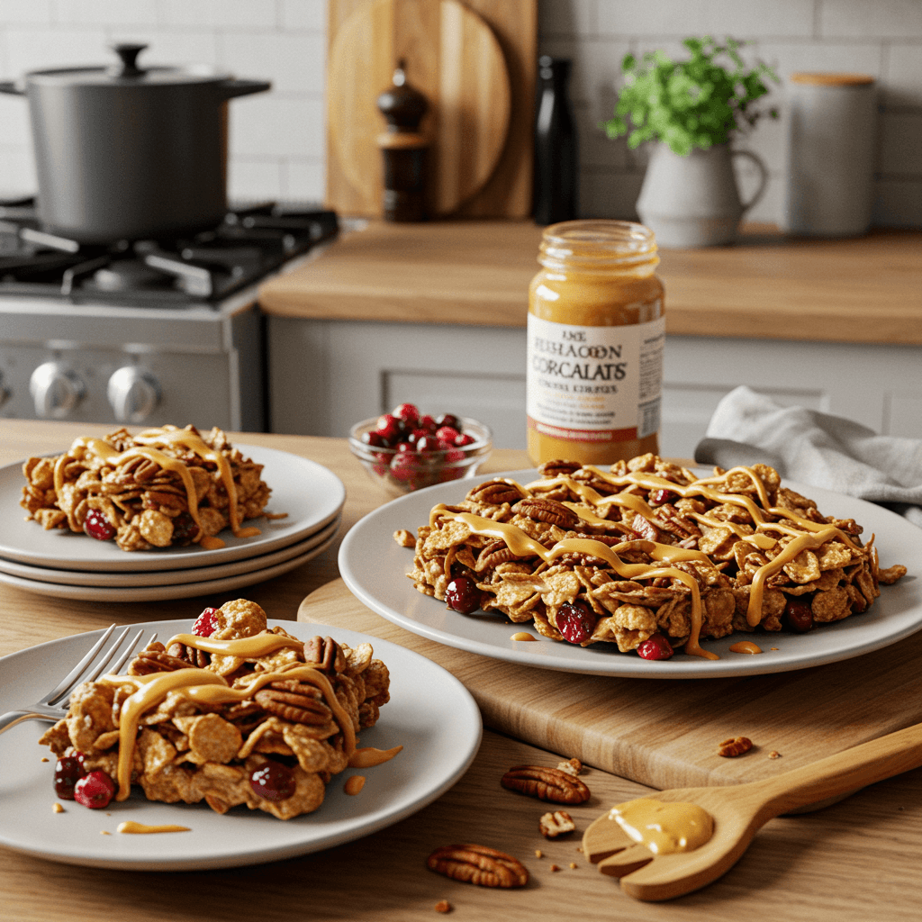 Pecan and Bacon Chocolate Cornflake Crunch with Cranberry Peanut Butter Drizzle
