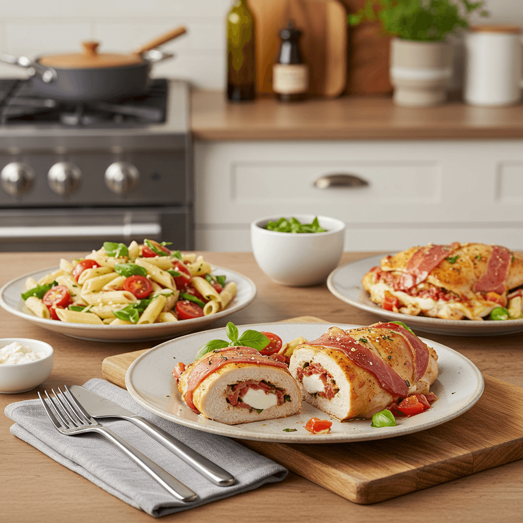 Prosciutto and Mozzarella Stuffed Chicken with Mediterranean Pasta Salad