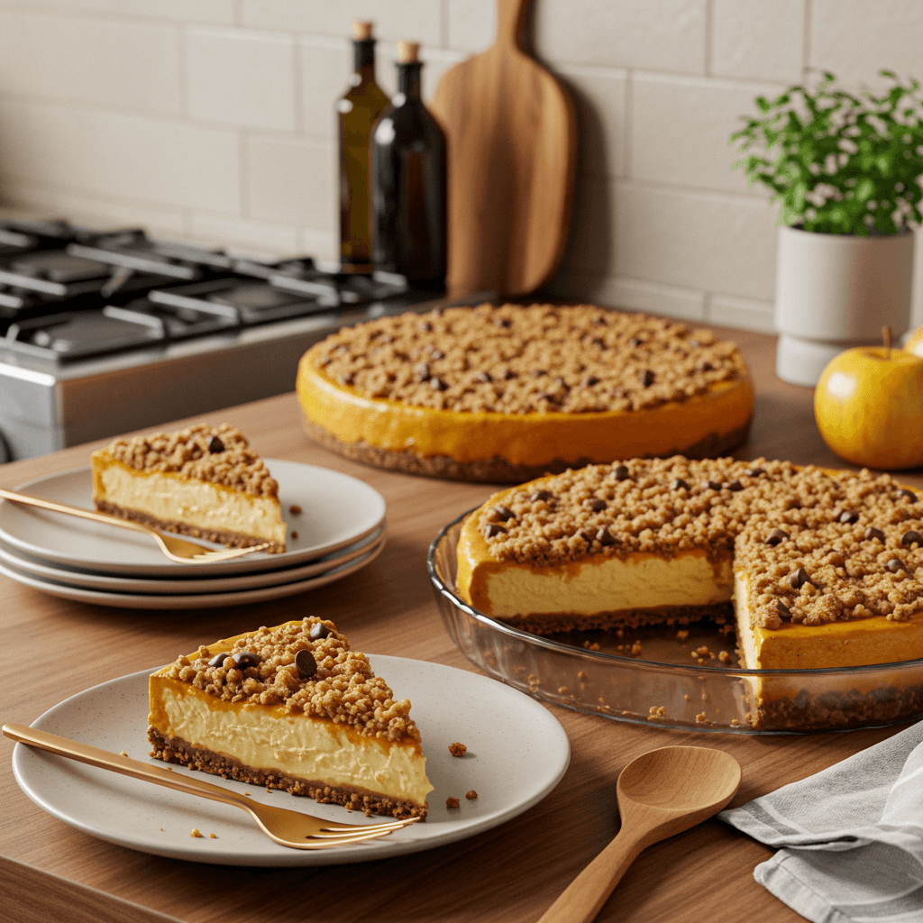 Pumpkin Chocolate Chip Cheesecake Delight with Caramel Apple Crumb Topping