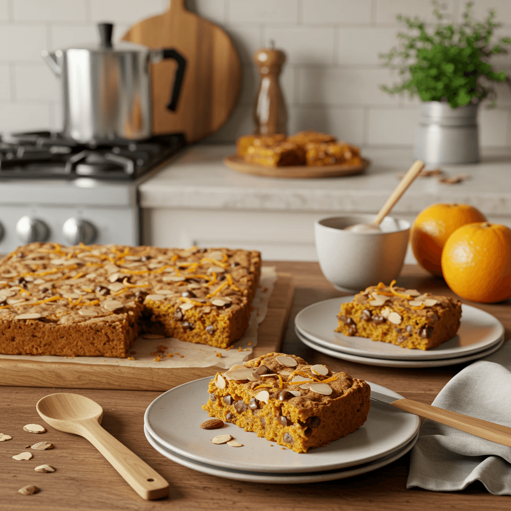 Pumpkin-Orange Chocolate Chip Bars with Almond Glaze