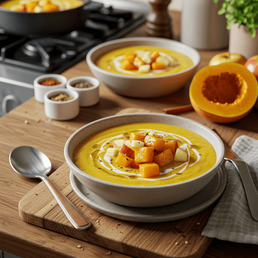 Roasted Butternut Squash and Apple Soup with Leek and Cinnamon