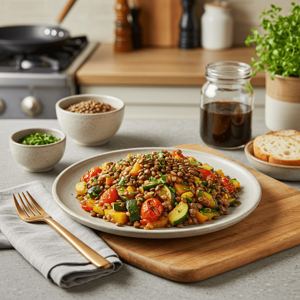 Savory Lentil and Vegetable Medley with Triple Vinegar Glaze