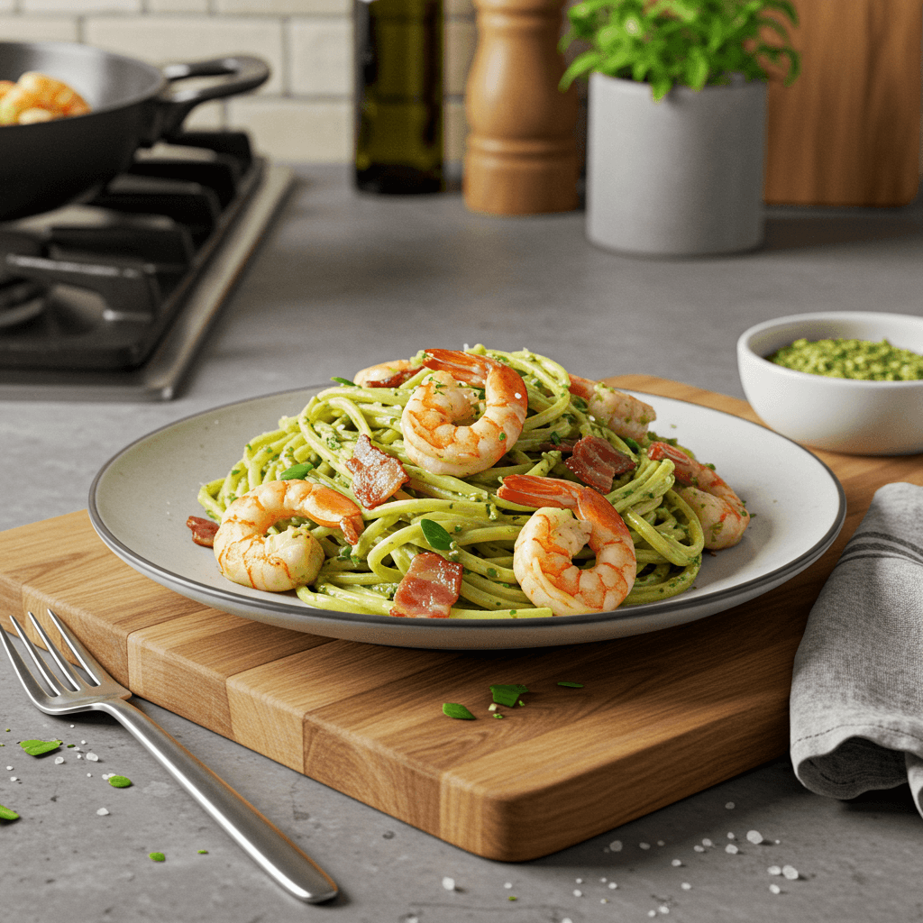 Savory Sautéed Shrimp and Bacon Pesto Pasta Delight