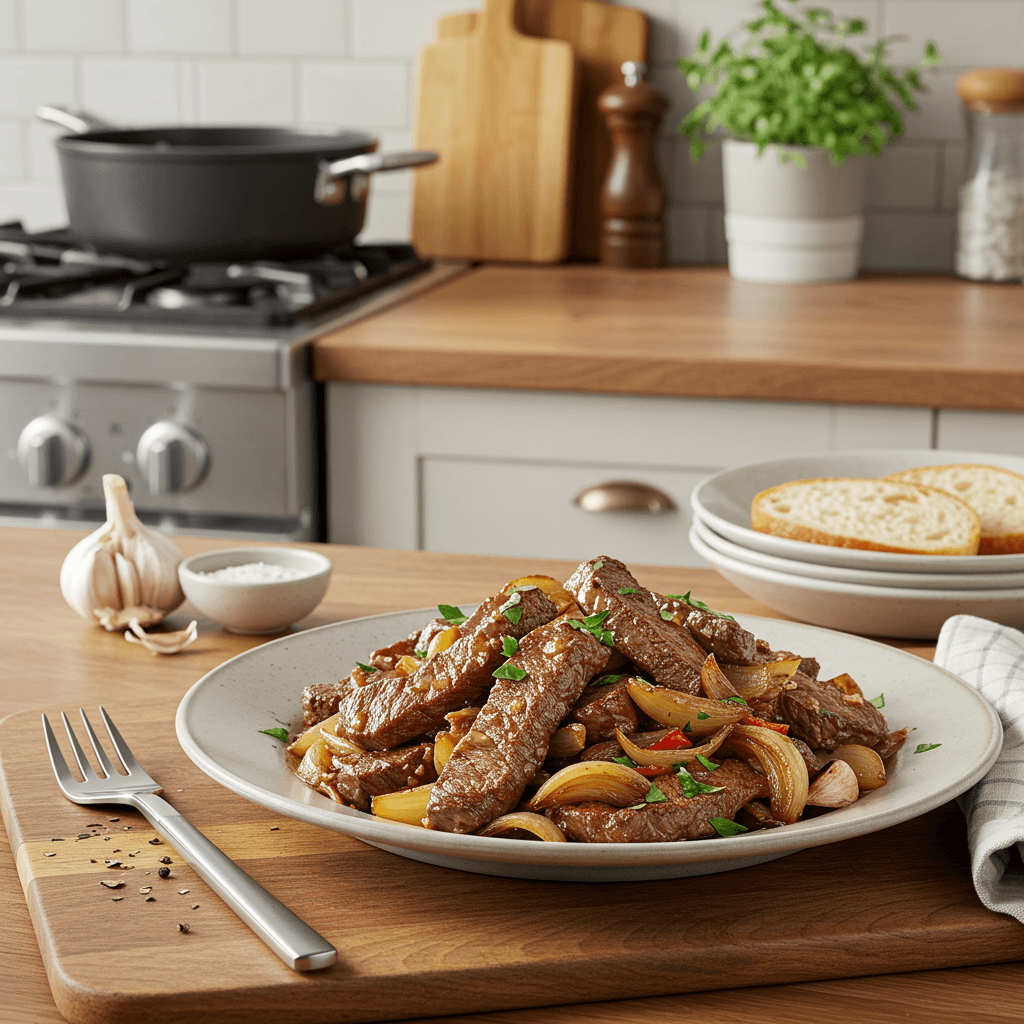 Savory Stove-Top Beef Tip Delight with Onion and Garlic