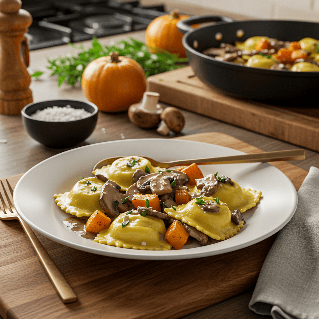 Seared Mushroom and Butternut Squash Ravioli with Truffle Mushroom Sauce