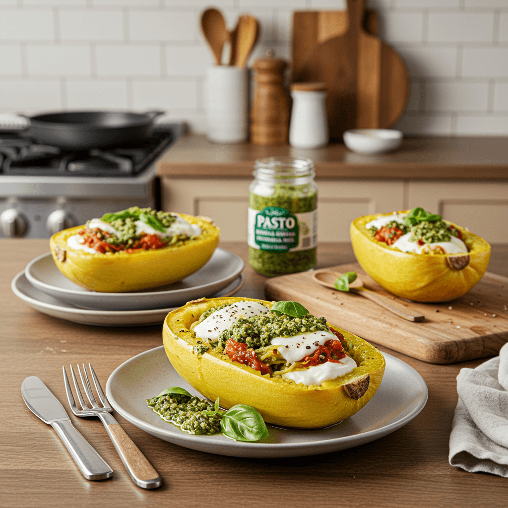 Slow-Cooked Basil Pesto and Mozzarella Stuffed Spaghetti Squash