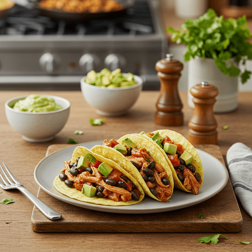 Slow-Cooked Chicken and Black Bean Tacos with Avocado Salsa