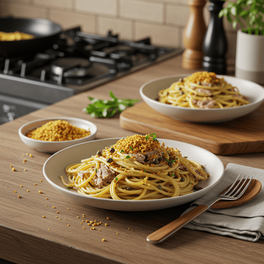 Spaghetti with Garlic-Caper Tuna and Crispy Breadcrumbs