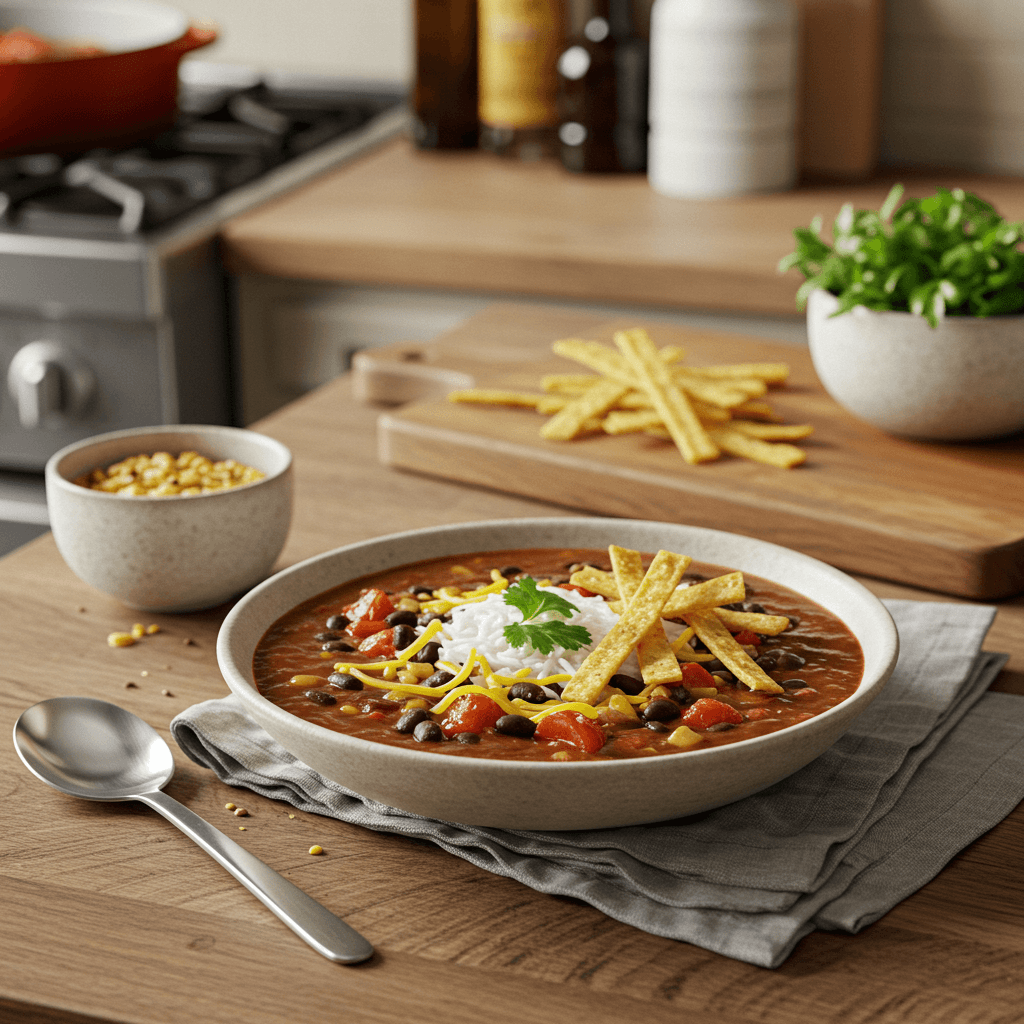 Spicy Black Bean and Fire-Roasted Tomato Soup with Tortilla Strips