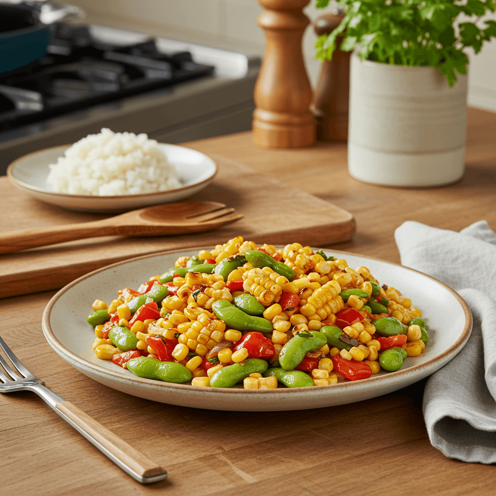 Spicy Cajun Corn & Edamame Sauté with Roasted Red Peppers