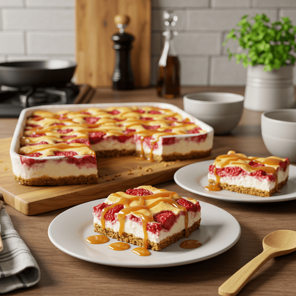 Strawberry Delight Cheesecake Bars with Caramel Essence