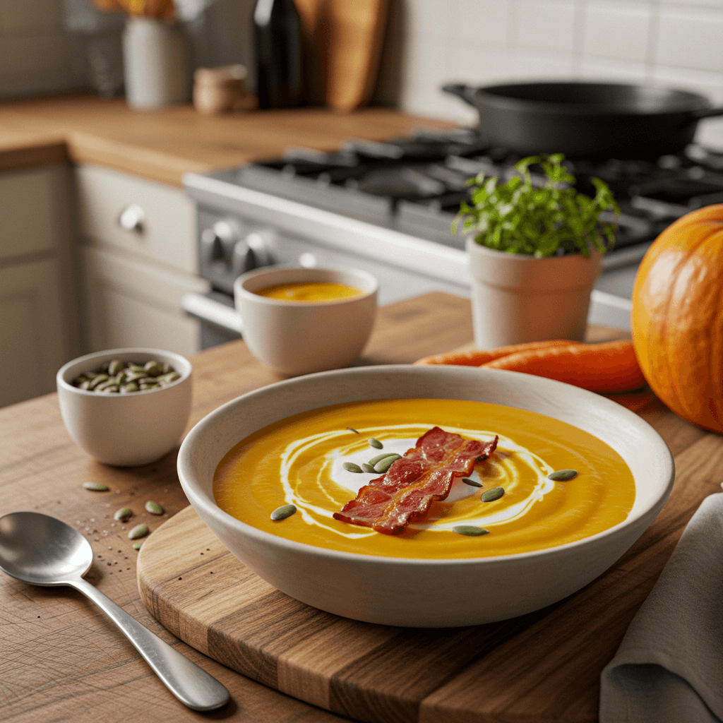 Velvety Pumpkin Carrot Soup with Crispy Bacon