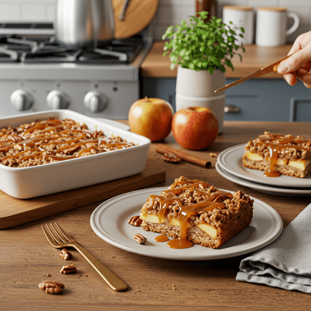 Warm Apple Pecan Dessert Bars with Caramel Drizzle