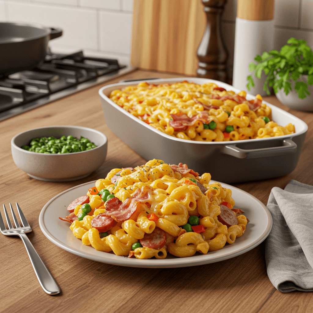 Cheesy Baked Macaroni with Bacon, Sausage, and Veggies