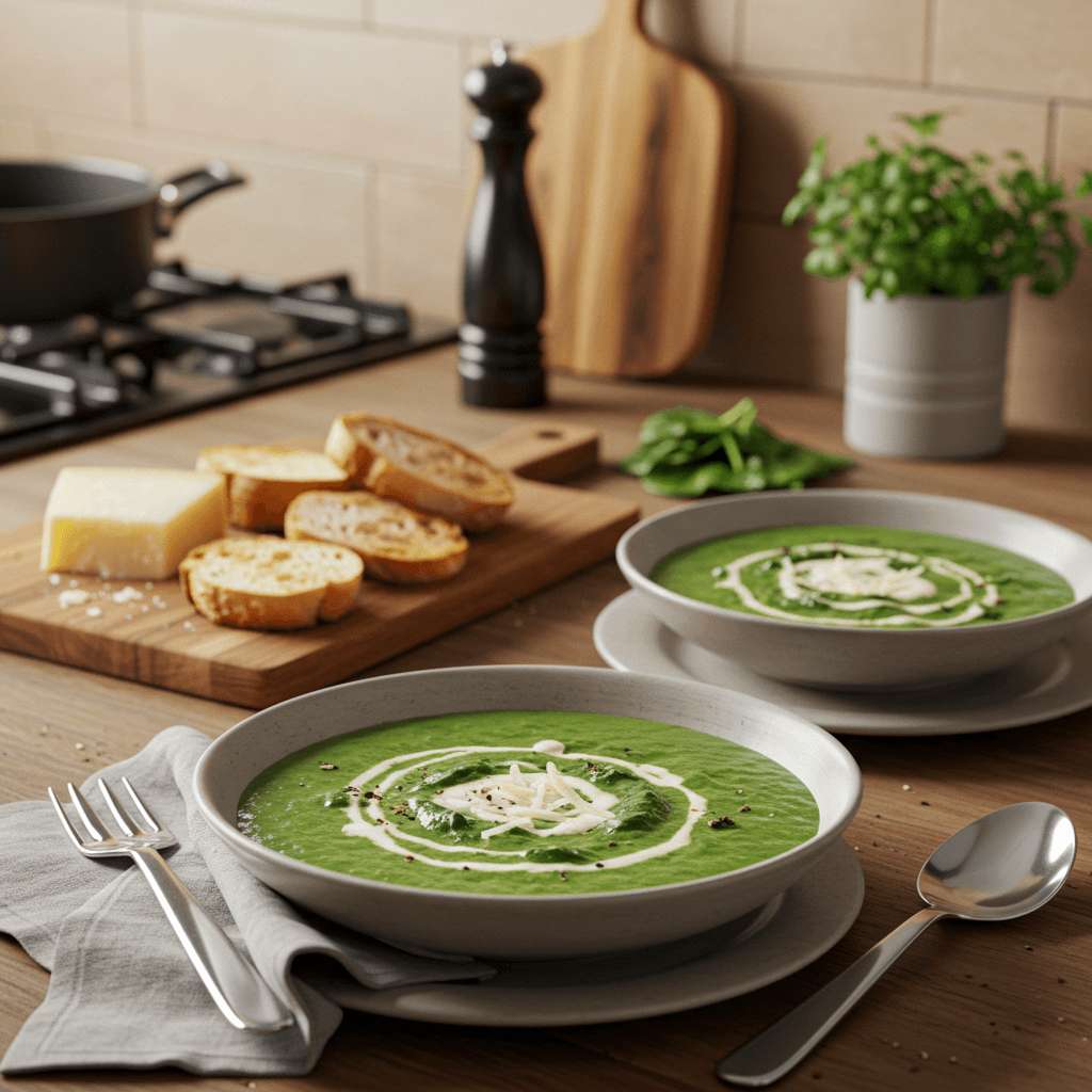 Creamy Spinach Soup with Parmigiano Reggiano and Crostini