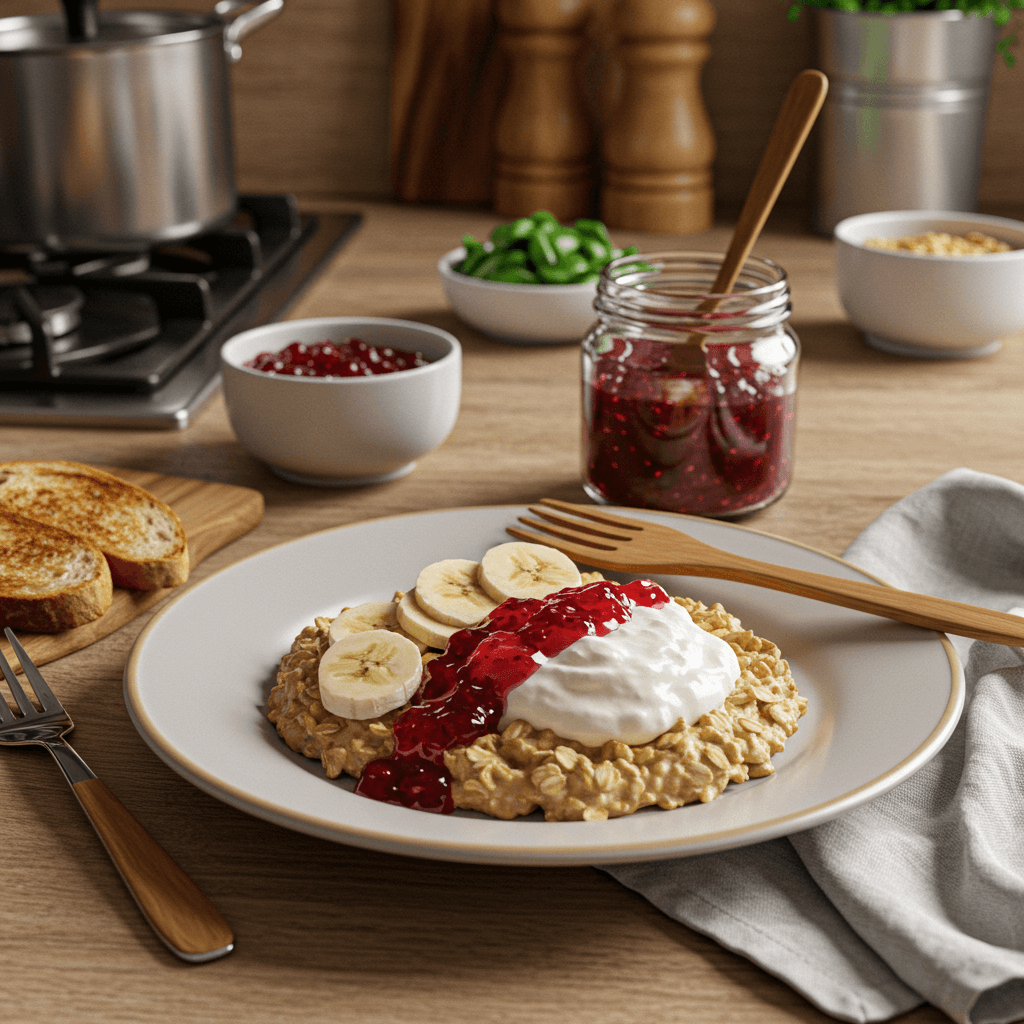 Gourmet Oatmeal Breakfast Delight with Mascarpone and Jam
