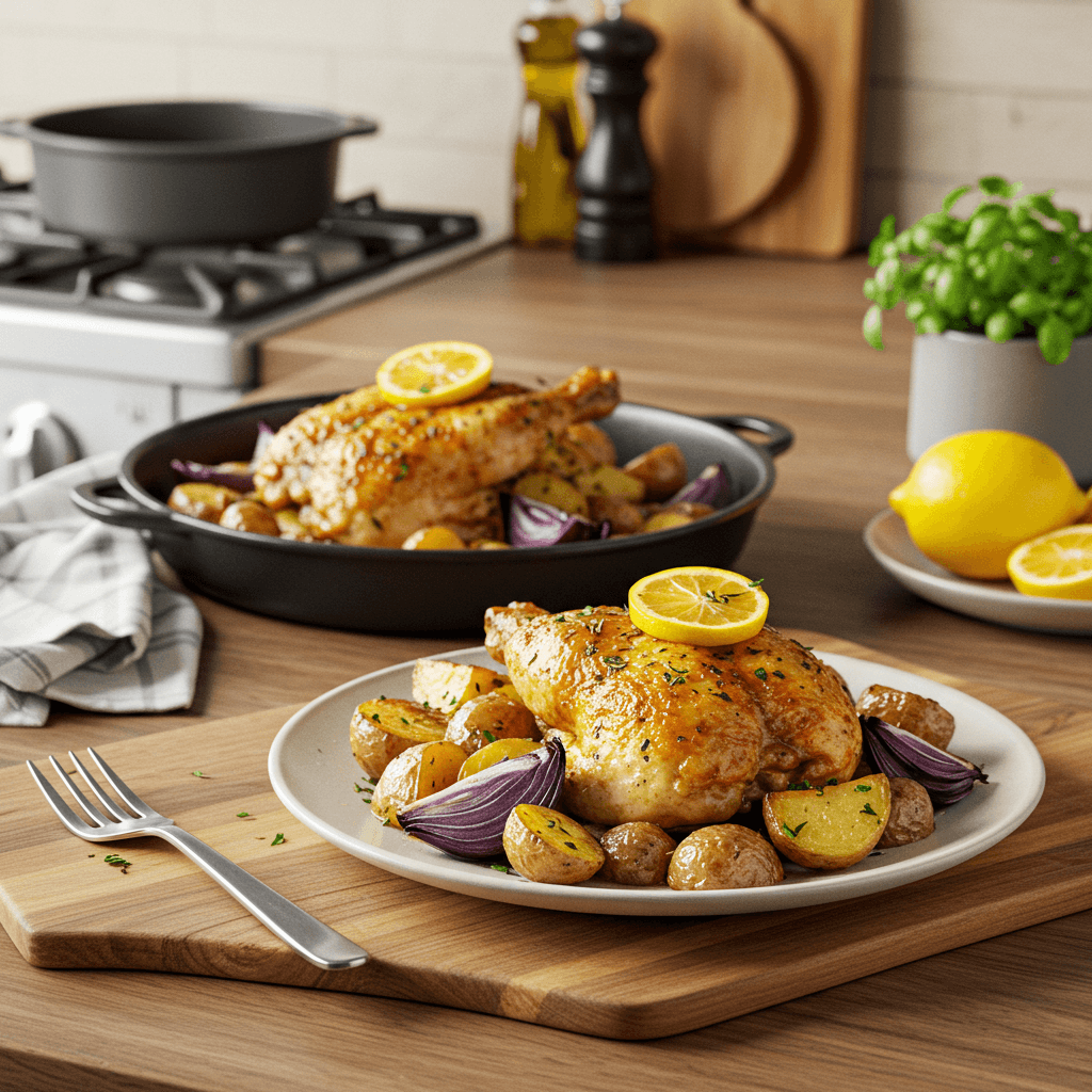 Lemon Herb Roasted Chicken with Red Onion and Potato Medley